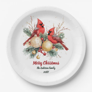 Personalized Christmas Red Cardinal & Berries      Paper Plate