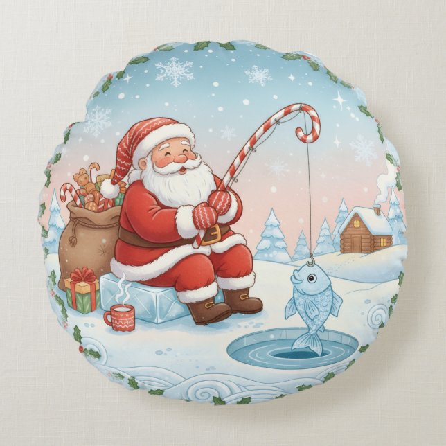 Personalized Christmas Santa Ice Fishing   Round Cushion (Front)