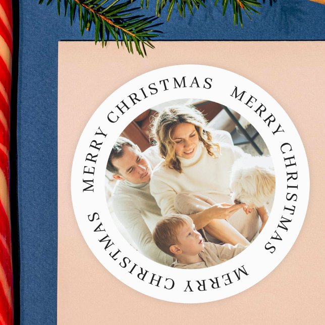 Personalized Christmas Simple Modern Custom Photo Classic Round Sticker (Creator Uploaded)