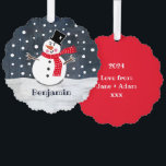 Personalized Christmas Snowman Tree Decoration Card<br><div class="desc">This snowman Christmas snow scene is printed from a collage designed by Helen McCartney Designs.</div>