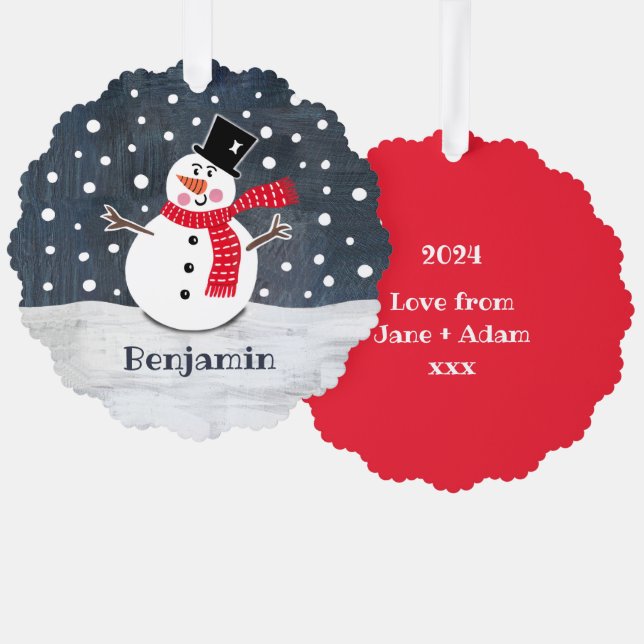 Personalized Christmas Snowman Tree Decoration Card (Front/Back)