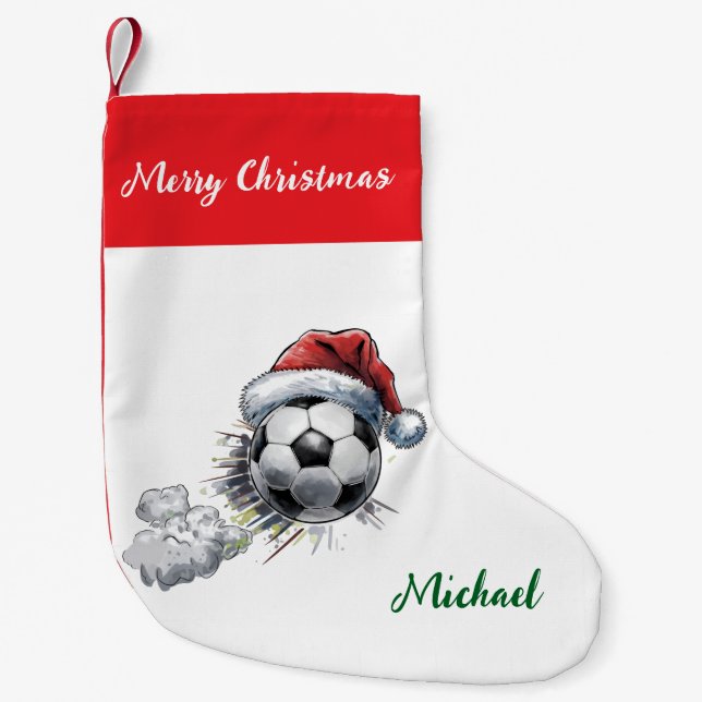 Personalized Christmas Soccer Ball with hat santa  Small Christmas Stocking (Front)