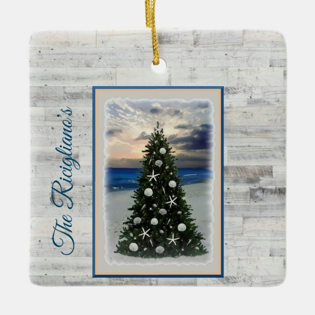 Personalized Christmas Tree Beach Ceramic Ornament (Front)