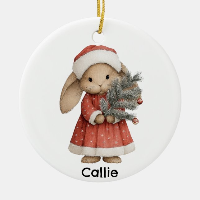 Personalized Christmas Victorian Bunny Rabbit Ceramic Tree Decoration (Front)