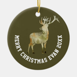 Personalized Christmas Winter Scene with Deer Art Ceramic Tree Decoration