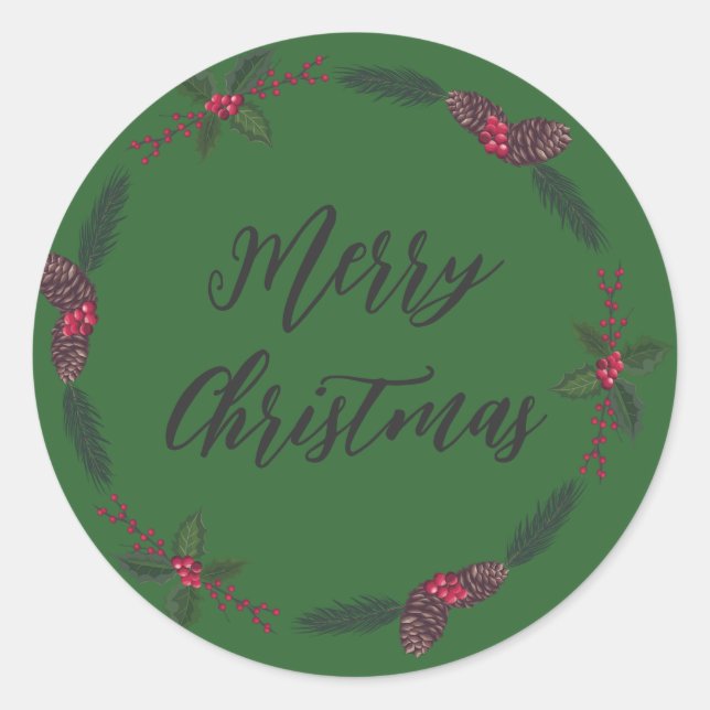 Personalized Christmas Wreath Merry Christmas Classic Round Sticker (Front)