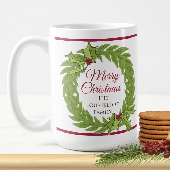 Personalized Christmas Wreath Merry Christmas Coffee Mug (Personalized Christmas Wreath Merry Christmas Green Red Family Name Cocoa Tea Coffee Mug)