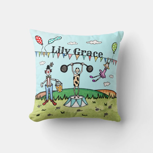 Personalized Circus Acrobat, Clown and Strongman Cushion (Front)
