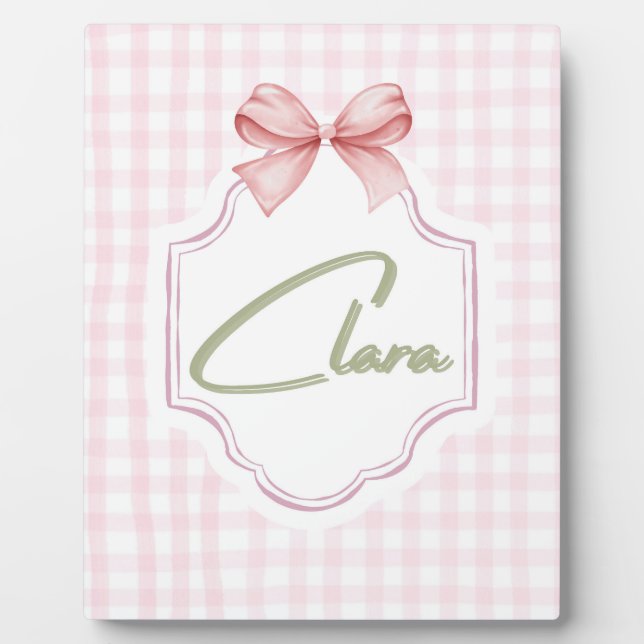 Personalized Clara Baby Girl Nursery Bow&Gingham Plaque (Front)