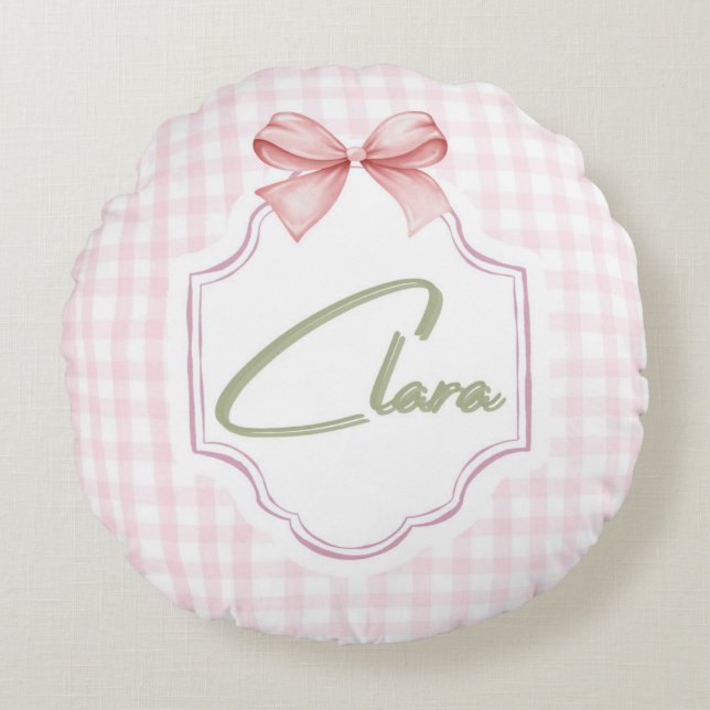 Personalized Clara Baby Girl Nursery Bow&Gingham Round Cushion (Front)