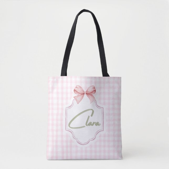 Personalized Clara Baby Girl Nursery Bow&Gingham Tote Bag (Front)