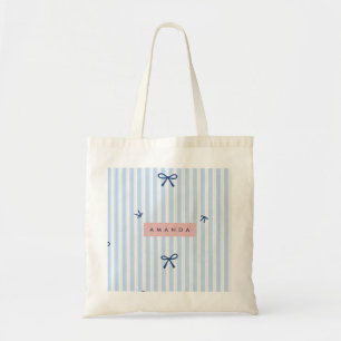 Personalized Classic Blue Pastel Striped Bow Tote Bag
