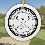 Personalized Classic Golf Club Name Ceramic Tree Decoration<br><div class="desc">Featuring classic crossed golf clubs,  golf ball design,  and aged stamp effect border,   these golf ornaments are ideal for all golf clubs and club members. Personalize with the name of the club member,  golf club name and the year the golf club was established. Designed by Thisisnotme©</div>