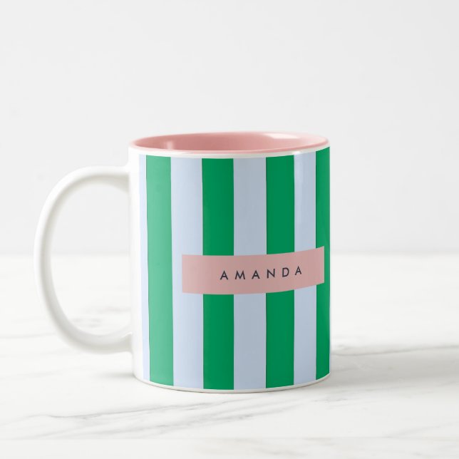 Personalized Classic Green and White Striped Two-Tone Coffee Mug (Left)