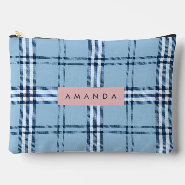 Personalized Classic Light Blue & Navy Plaid  Accessory Pouch (Front)