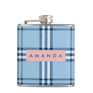 Personalized Classic Light Blue & Navy Plaid Hip Flask