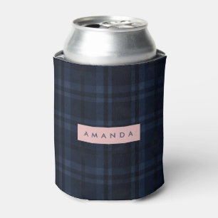 Personalized Classic Navy Blue Plaid Pattern Can Cooler