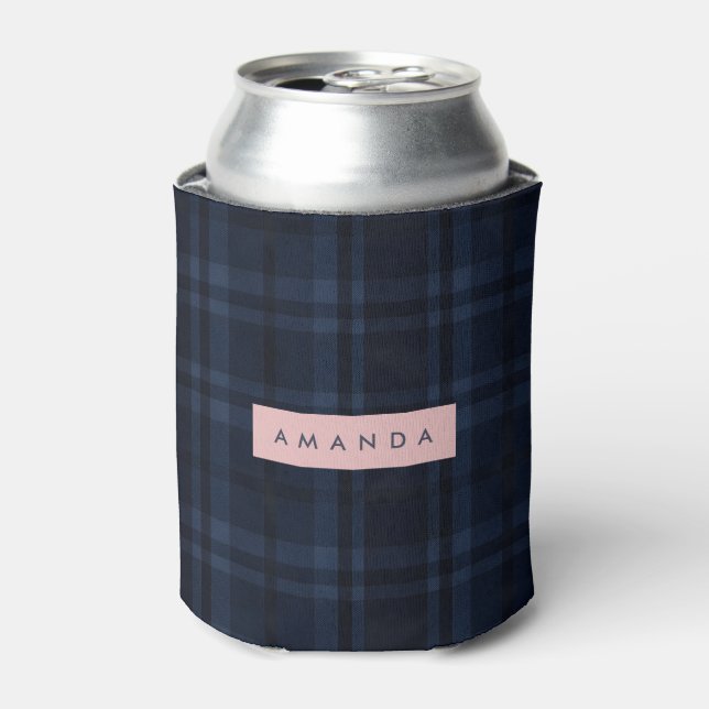 Personalized Classic Navy Blue Plaid Pattern Can Cooler (Can Front)