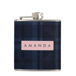 Personalized Classic Navy Blue Plaid Pattern Hip Flask