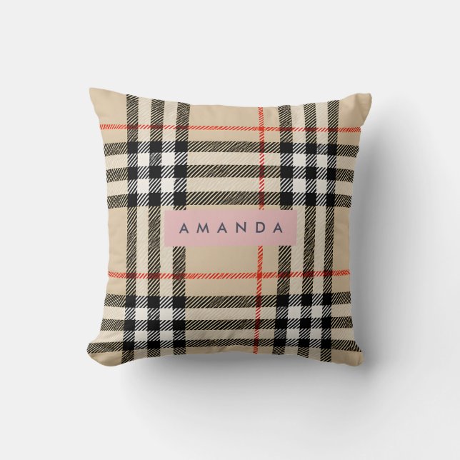 Personalized Classic Tan, Black & Red Plaid Cushion (Front)