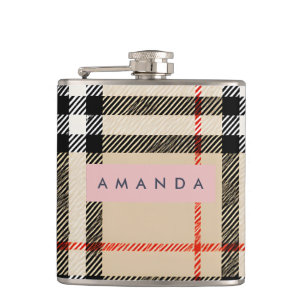 Personalized Classic Tan, Black & Red Plaid Hip Flask