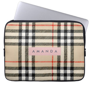 Personalized Classic Tan, Black & Red Plaid Laptop Sleeve