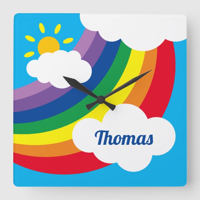 Personalized Clouds, Sunshine & Rainbow Square Wall Clock (Front)