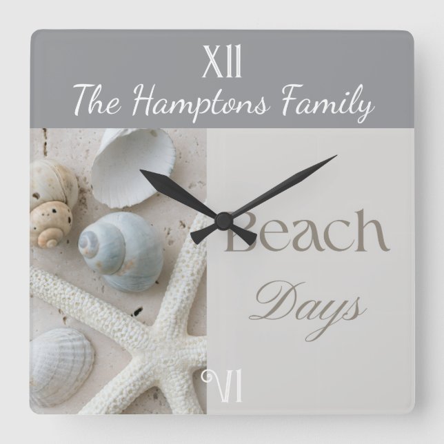 Personalized Coastal Seashell Gift for Beach House Square Wall Clock (Front)
