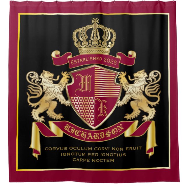 Personalized Coat of Arms Red Gold Lion Emblem Shower Curtain (Front)
