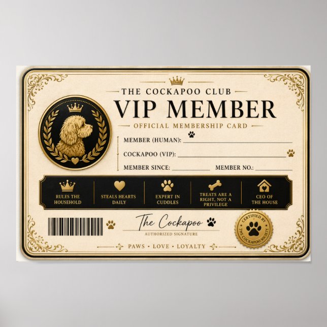 Personalized Cockapoo Membership Card Gift Poster (Front)
