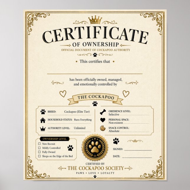 Personalized Cockapoo Owner Certificate – dog gift Poster (Front)