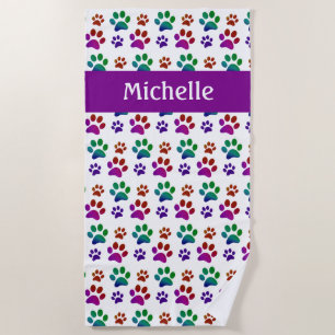 Personalized Colorful Dog Paw Print Beach Towel