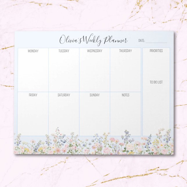 Personalized Colorful Flower Floral Weekly Planner Notepad (Close up)