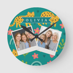 Personalized Colorful Fun Leopard Jungle Name Gift Round Clock