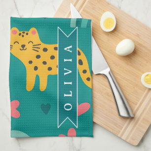 Personalized Colorful Fun Leopard Jungle Name Gift Tea Towel