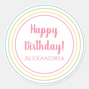 Personalized Colorful Happy Birthday Pastel Pink Classic Round Sticker