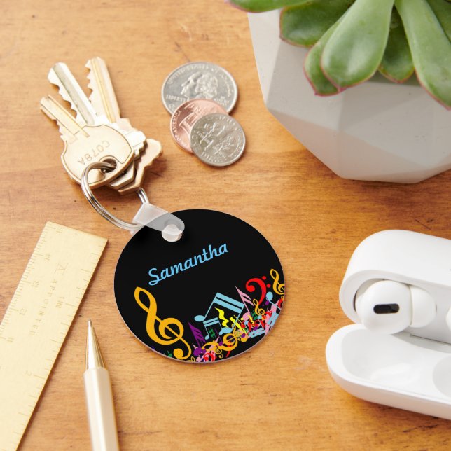 Personalized Colorful Jumbled Music Notes on Black Key Ring (Desk)