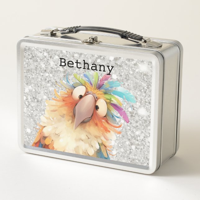 Personalized Colorful Parrot Glitter Lunch Box (Front)