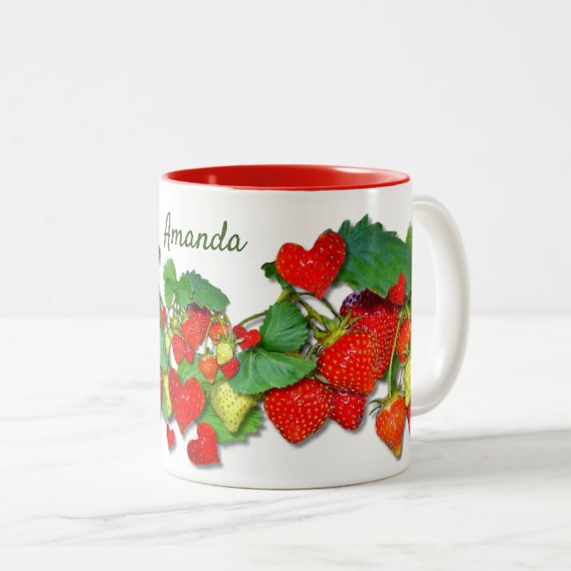 Personalized colorful red strawberries Two-Tone coffee mug (Front Right)