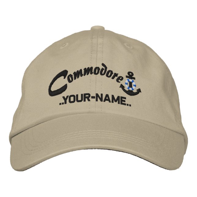 Personalized Commodore Lifesaver Anchor Name Black Embroidered Hat (Front)