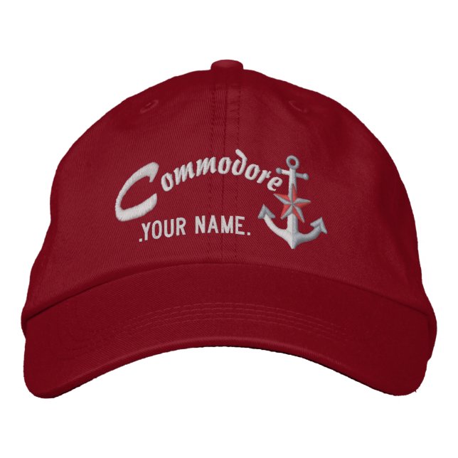 Personalized Commodore Nautical Anchor Name White Embroidered Hat (Front)