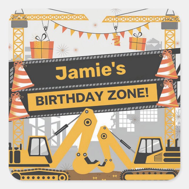 Personalized Construction Birthday Zone Design Square Sticker (Front)