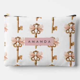Personalized Coquette Pattern Gold Key & Pink Bow Accessory Pouch