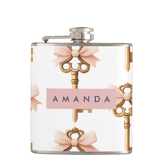 Personalized Coquette Pattern Gold Key & Pink Bow  Hip Flask (Front)