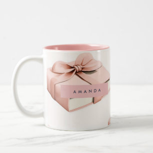 Personalized Coquette Pattern Pink Bow Book Two-Tone Coffee Mug