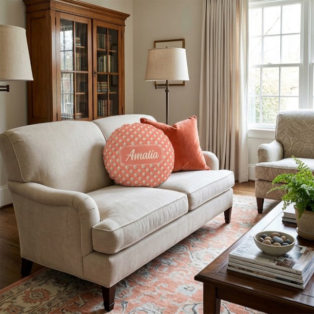 Personalized Coral Polka Dot Throw Pillow  (Creator Uploaded)