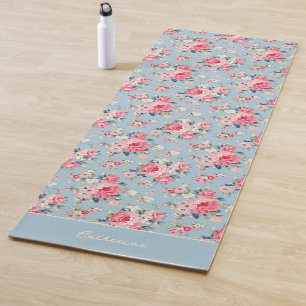 Personalized Cottage Pink Roses on Blue Background Yoga Mat