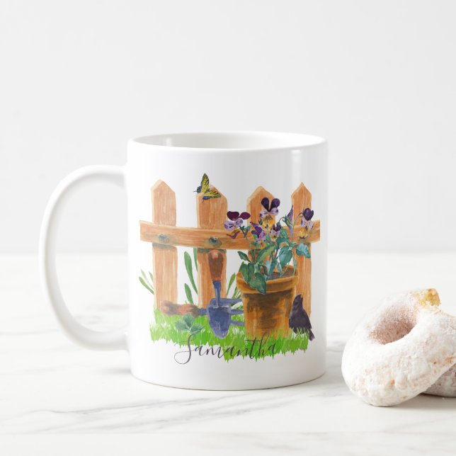 Personalized Country Garden Watercolor Scene Coffee Mug (With Donut)