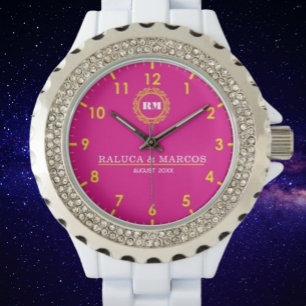 Personalized couple names monogram pink and yellow watch