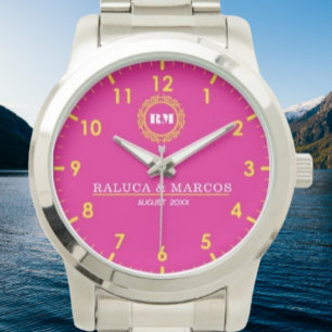 Personalized couple names monogram pink watch